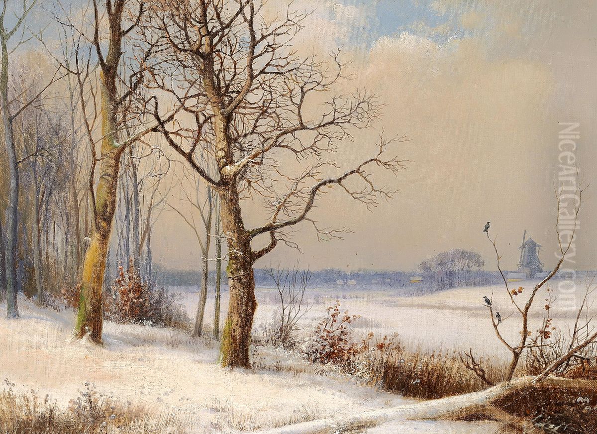 Vinterlandskab med en molle i det fjerne. Oil Painting by Anders Andersen-Lundby