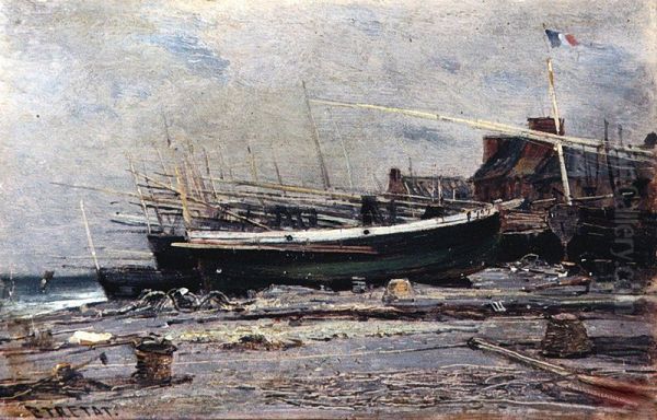 Boats in Etretat Oil Painting by Alexey Bogolyubov