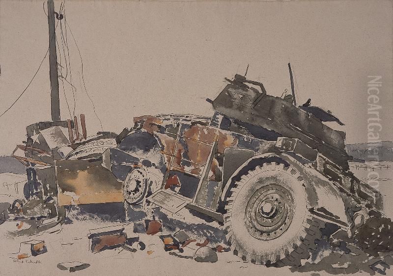 DESTROYED VEHICLES NEAR XANTEN, GERMANY Oil Painting by Alex Colville