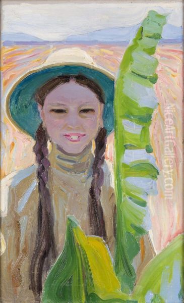 Kirsti with Banana Leaves Oil Painting by Akseli Gallen-Kallela