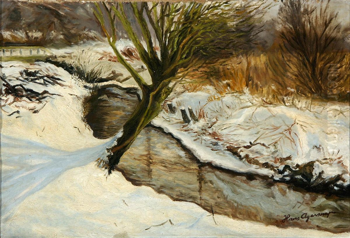 Winter landscape with a river. Oil Painting by Hans Agersnap