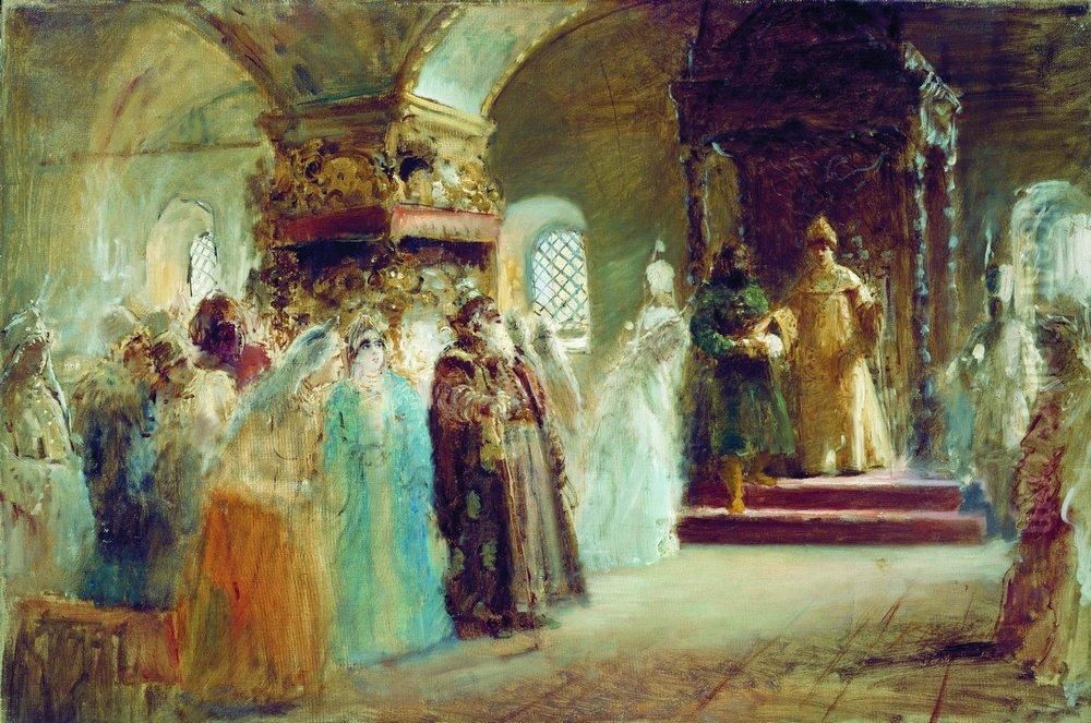The Bride-show of tsar Alexey Michailovich Oil Painting by Konstantin Makovsky