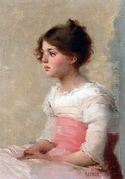 Portrait of a beautiful young girl seated, wearing a white dress with a red sash Oil Painting by Alfred Edward Emslie
