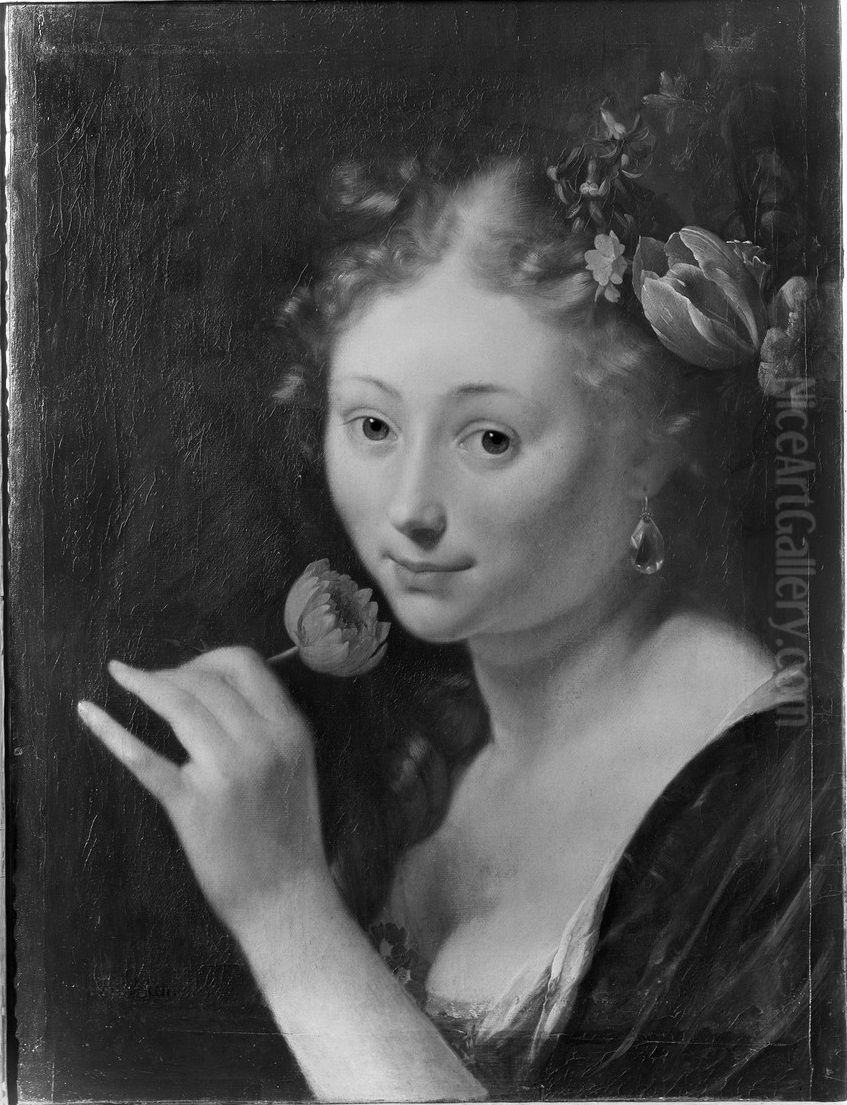 Young woman smelling a flower Oil Painting by Godfried Schalcken