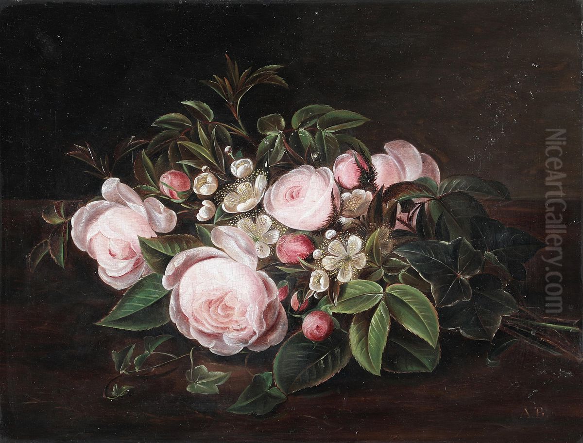 Opstilling med lyserode roser og aebleblomster pa en stenkarm. Oil Painting by Alfrida Baadsgaard