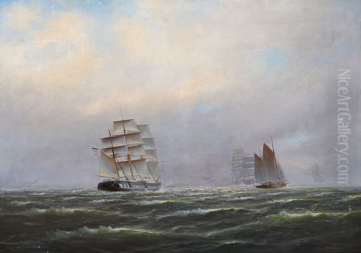 Ships at the roads of Montevideo, Uruguay. Oil Painting by Alfred Jensen