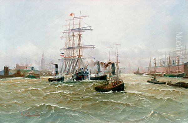 Hamburger Hafen mit Dreimaster und zahlreichen Dampfbooten. Oil Painting by Alfred Jensen Hamburger Hafen mit Dreimaster und zahlreichen Dampfbooten. Oil Painting by Alfred Jensen