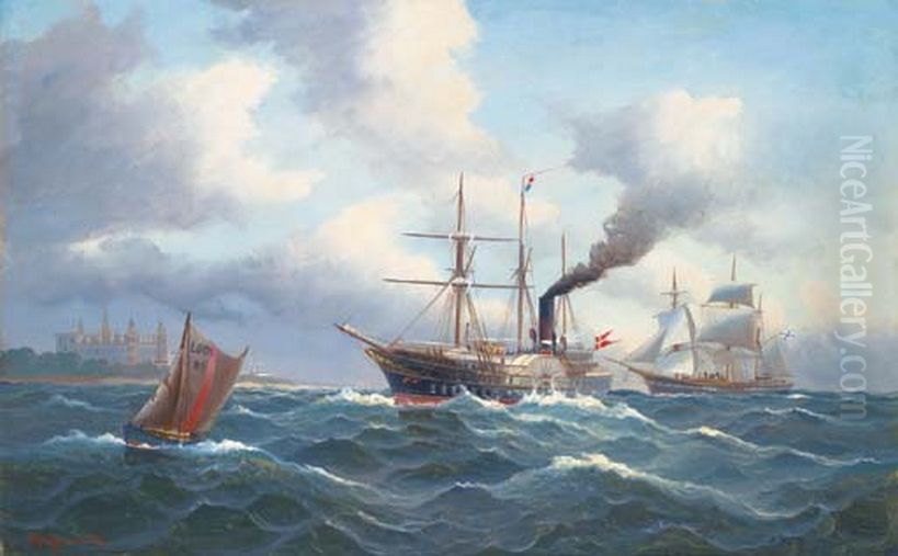 A Danish paddle yacht, probably an Admiralty or similar official vessel, passing through The Sound off Kronborg Castle. Oil Painting by Alfred Jensen