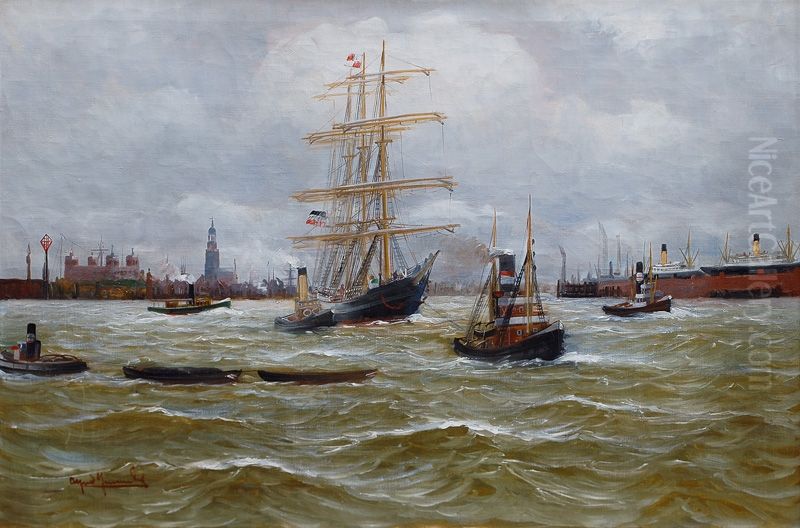 Dreimaster und Schlepper im Hamburger Hafen Oil Painting by Alfred Jensen