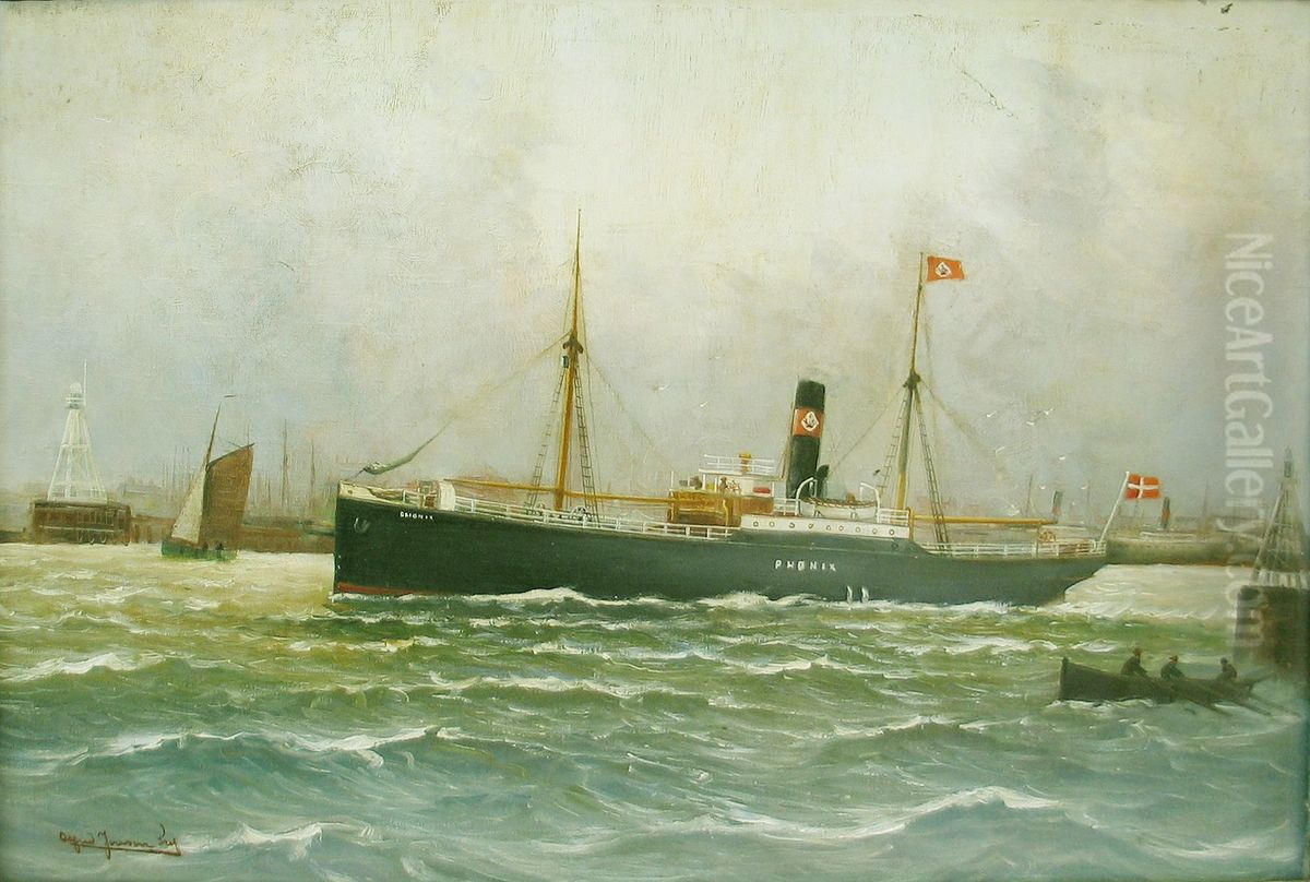 Harbour scene with the steamship Phonix. Oil Painting by Alfred Jensen Harbour scene with the steamship Phonix. Oil Painting by Alfred Jensen