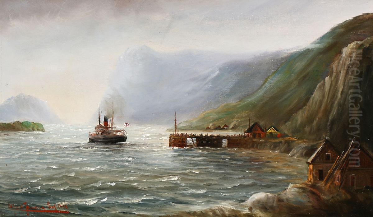 View from a Norwegian fiord, with a ship arriving at a small settlement. Oil Painting by Alfred Jensen