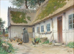 Farmyard scene with a woman feeding hens.