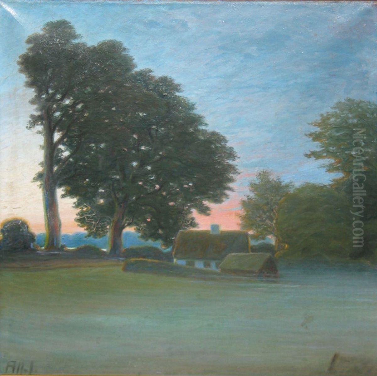 Sunset over landscape with farmhouse. Oil Painting by Alfred Larsen