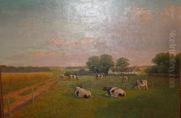 Seven cows in a field. Oil Painting by Alfred Larsen