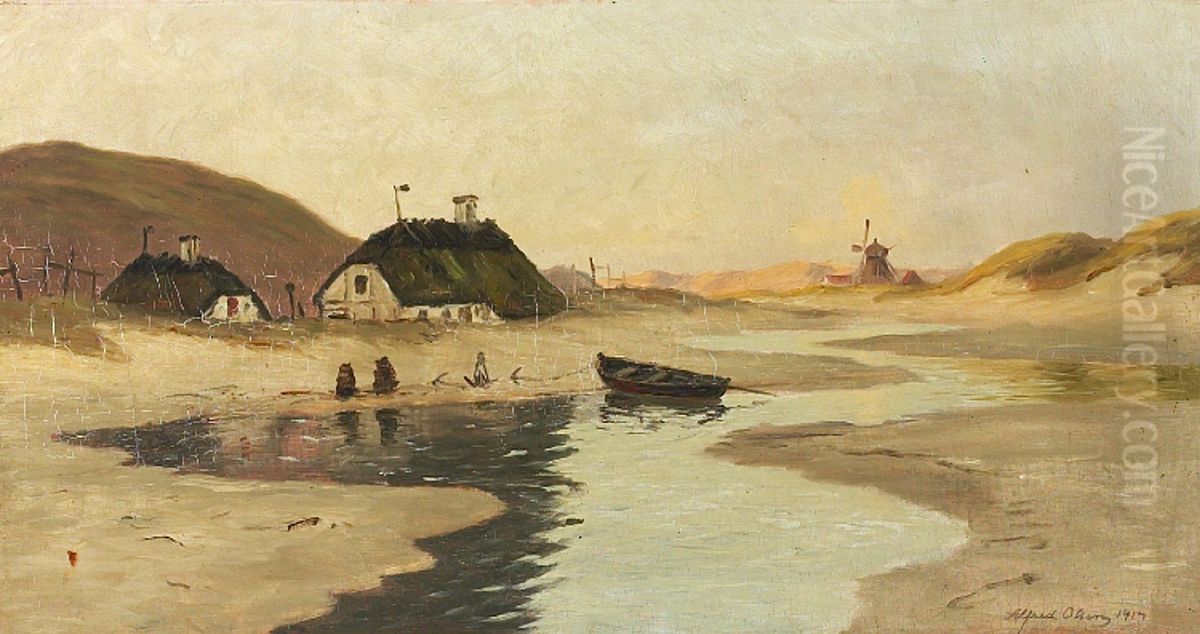 Coastal landscape with thatched houses and a windmill. Oil Painting by Alfred Olsen