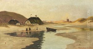Coastal landscape with thatched houses and a windmill.
