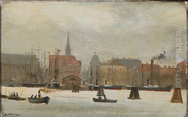 Harbour scene from Copenhagen Oil Painting by Alfred Olsen