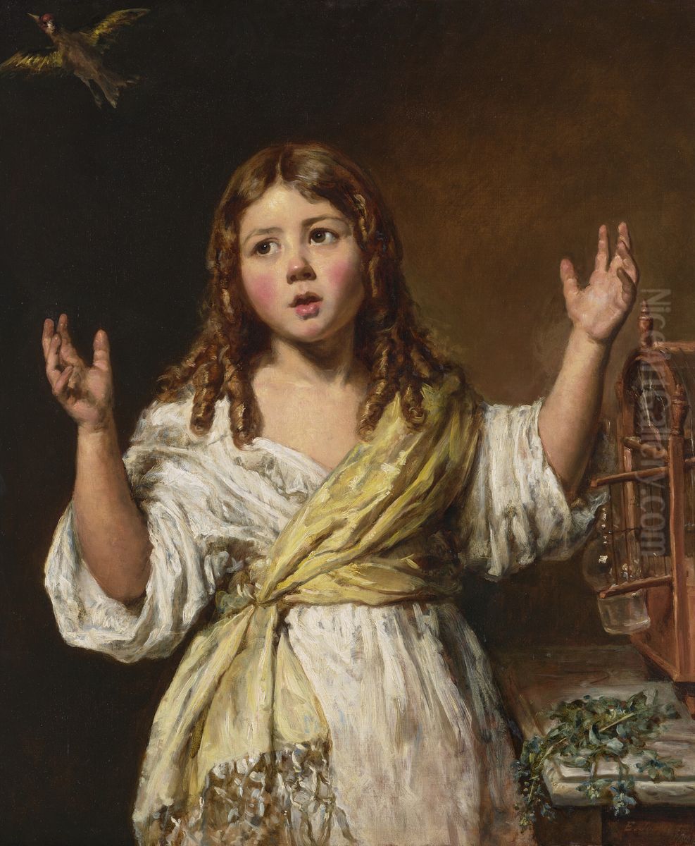 A Young Girl with a Bird Cage Oil Painting by Emma Soyer