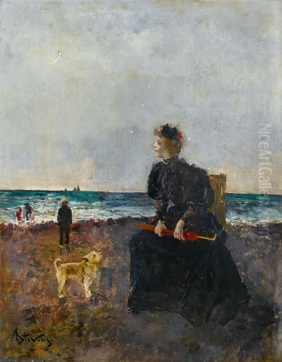 Femme assise sur la plage. Oil Painting by Alfred Stevens