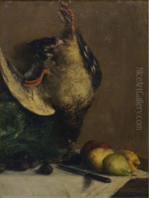 Still life with two mallards, pears, fruit and a knife on a ledge Oil Painting by Alfred Verhaeren