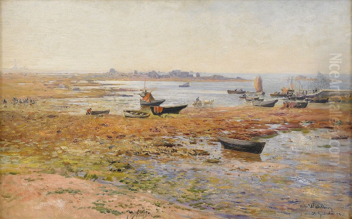 Fishing Boats at Saint Guenole Oil Painting by Alfred Wahlberg