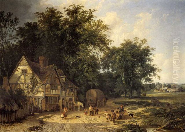 Playing football outside the Gun Inn Oil Painting by Alfred Walter Williams