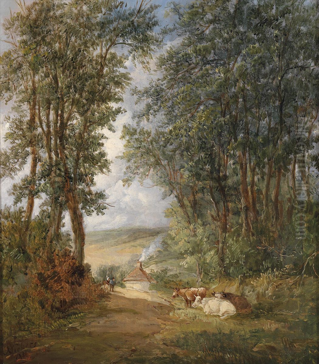 Waldlandschaft mit rastenden Kuhen im Vordergrund Oil Painting by Alfred Vickers