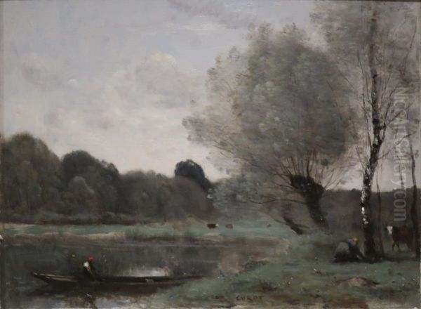 Souvenir de Ville-d'Avray. Saules et bouleau au bord de l'etang Oil Painting by Jean-Baptiste Camille Corot