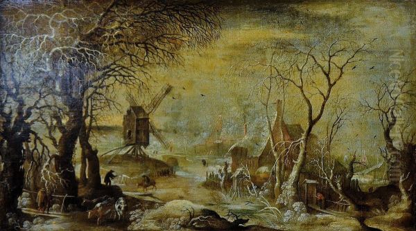 Snow landscape at the windmill Oil Painting by Roelant Savery