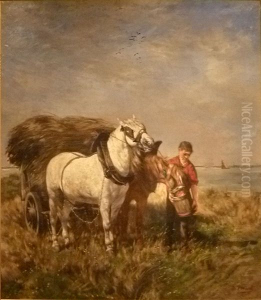 Two horses with haywagon Oil Painting by Alfred Verwee