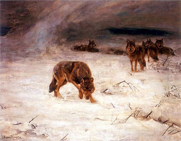 Wolves during blizzard Oil Painting by Alfred Wierusz-Kowalski