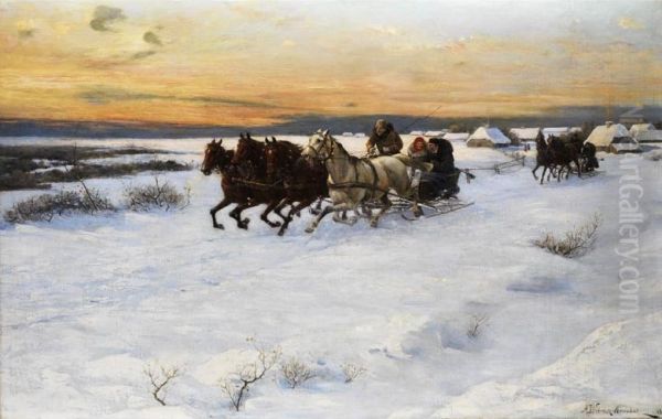 Horse sleigh in winter landscape Oil Painting by Alfred Wierusz-Kowalski