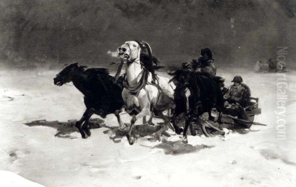 Winter - Napoleon's retreat from Moscow Oil Painting by Alfred Wierusz-Kowalski