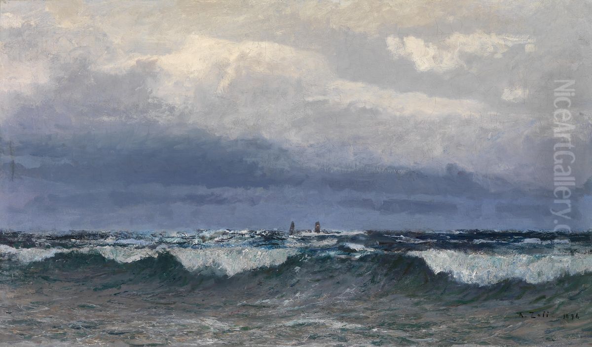 Meeresbrandung mit Segelschiffen am Horizont Oil Painting by Alfred Zoff