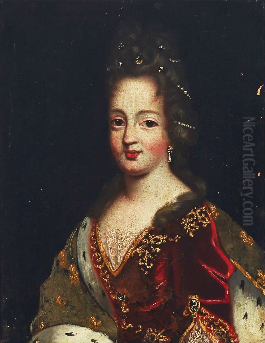 Noblewoman with upswept hair with pearls wearing a gold embroidered red velvet dress and ermine trimmed cloak Oil Painting by Nicolas de Largilliere