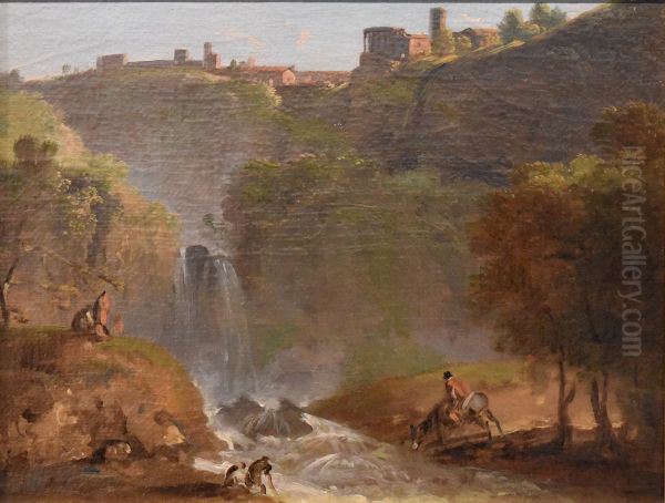 Les Cascatelles de Tivoli avec figures esquissees Oil Painting by Jean Antoine Constantin