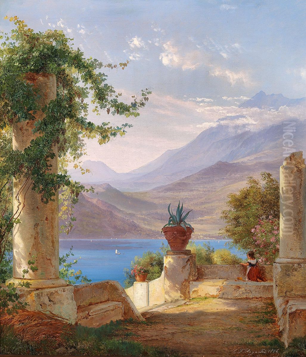 A terrace with a view of the Gulf of Naples. Oil Painting by Carl Frederik Aagaard
