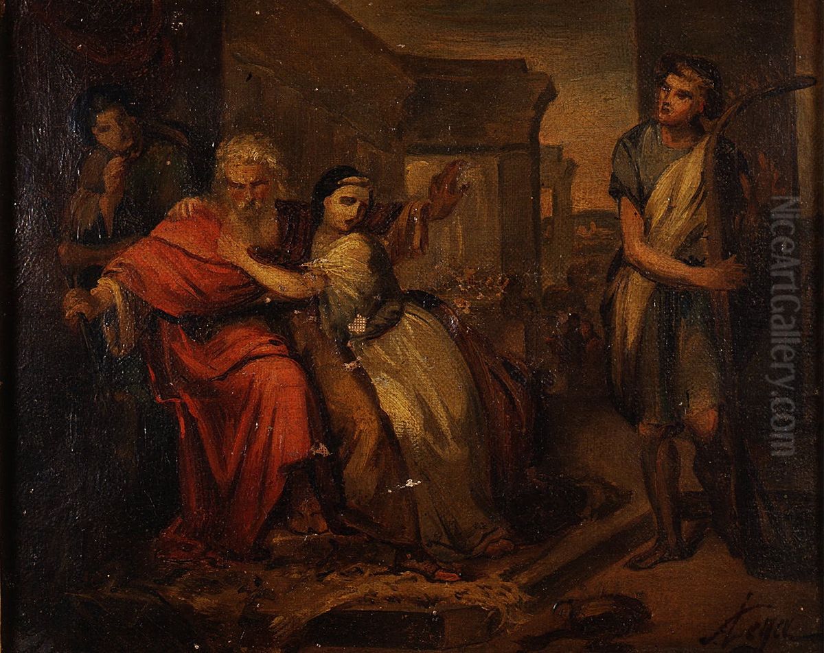 David who calms the cravings of Saul troubled by the evil spirit with the sound of the harp (preparatory sketch) Oil Painting by Silvestro Lega
