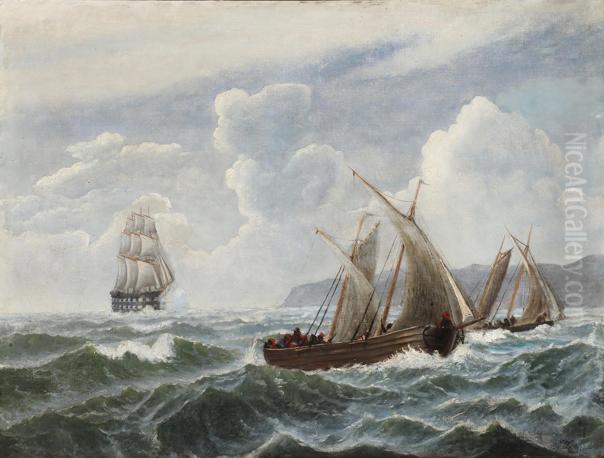 Linjeskib og pirater i kamp ved en nordafrikansk kyst. Oil Painting by Carl Baagoe