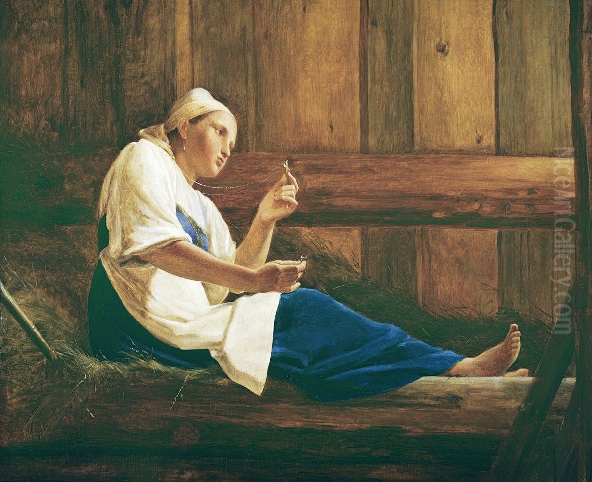 <<Devuska na sennike>> Oil Painting by Alexey Venetsianov