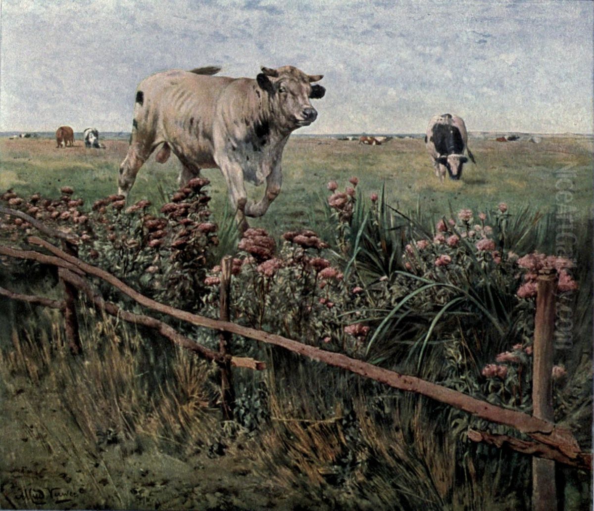 Der Stier im Wasserhanf Oil Painting by Alfred Verwee