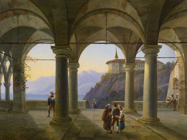 Pillar terrace with people and view of a mountain lake Oil Painting by Alois Gustav Schulz