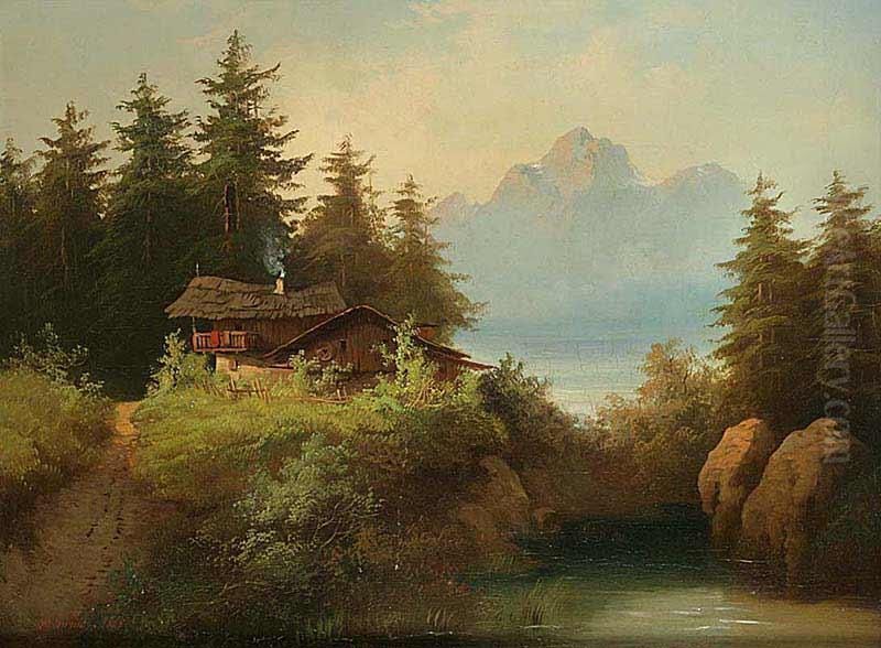 A lanscape with a lake and a mill Oil Painting by Alois Kirnig
