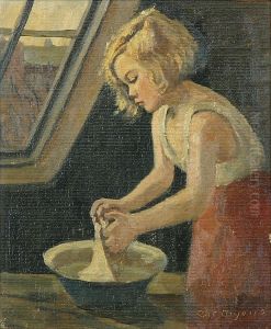Interior with a girl washing.