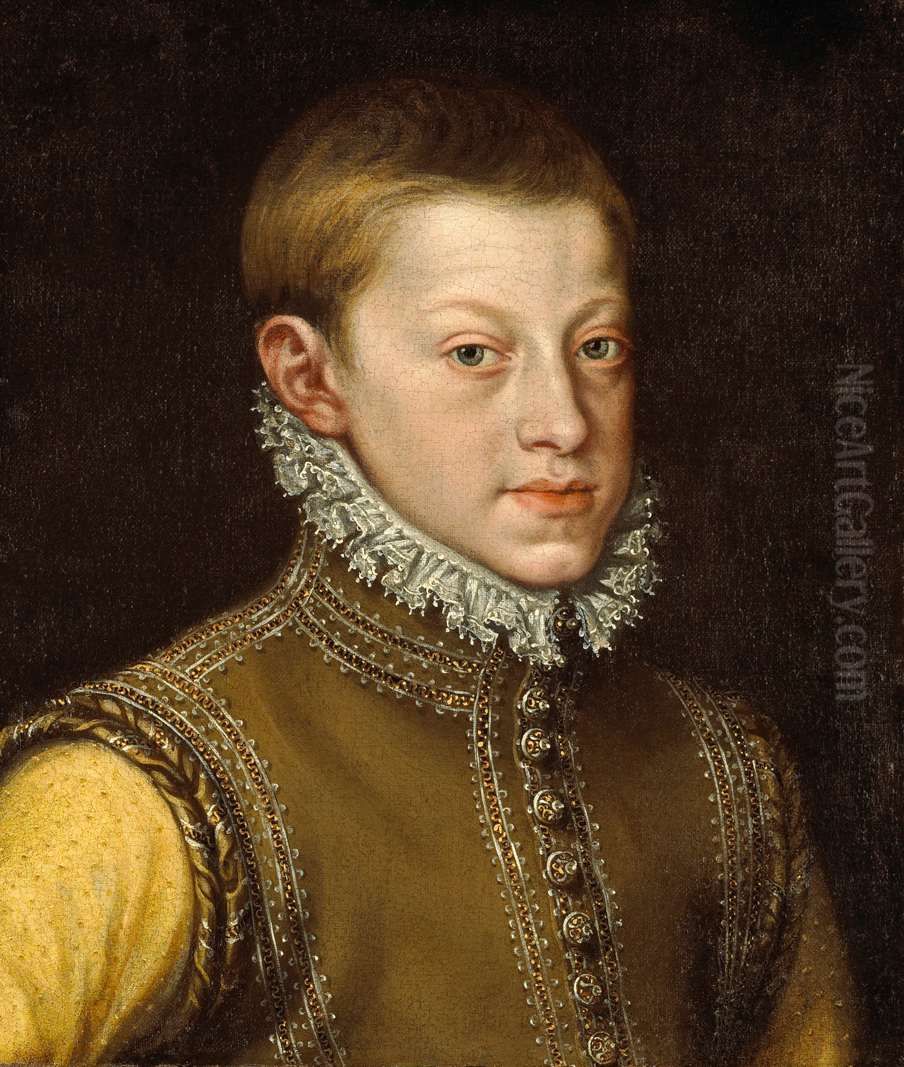 Portrait ofArchduke Rudolph, later Rudolph II, Holy Roman Emperor, as a young man aged approximately 14 or 15 years old, bust length. Oil Painting by Alonso Sanchez Coello