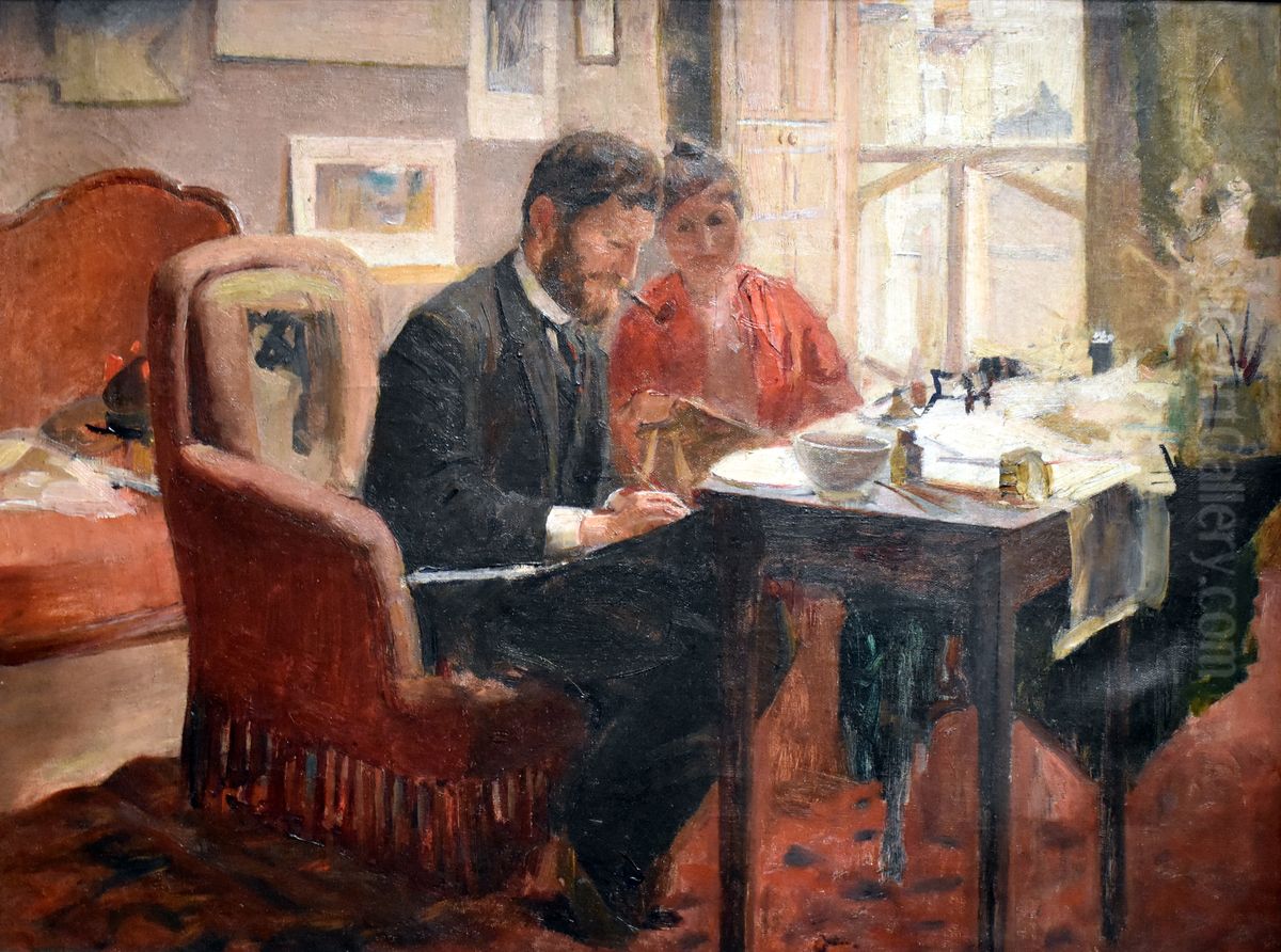 Self-portrait, sketching in his apartment, Paris Oil Painting by Alphonse Mucha
