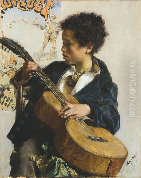 Street urchin with guitar Oil Painting by Antonio Mancini