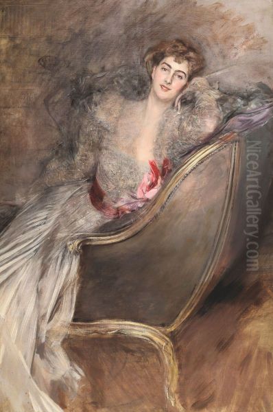 Lady reclining on bergere Oil Painting by Giovanni Boldini