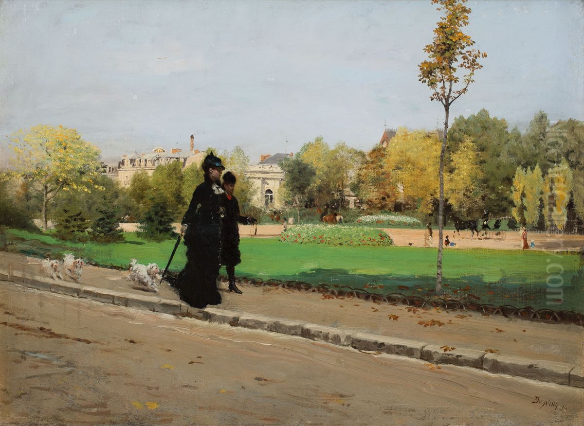 Passeggiata con i cagnolini Oil Painting by Giuseppe de Nittis