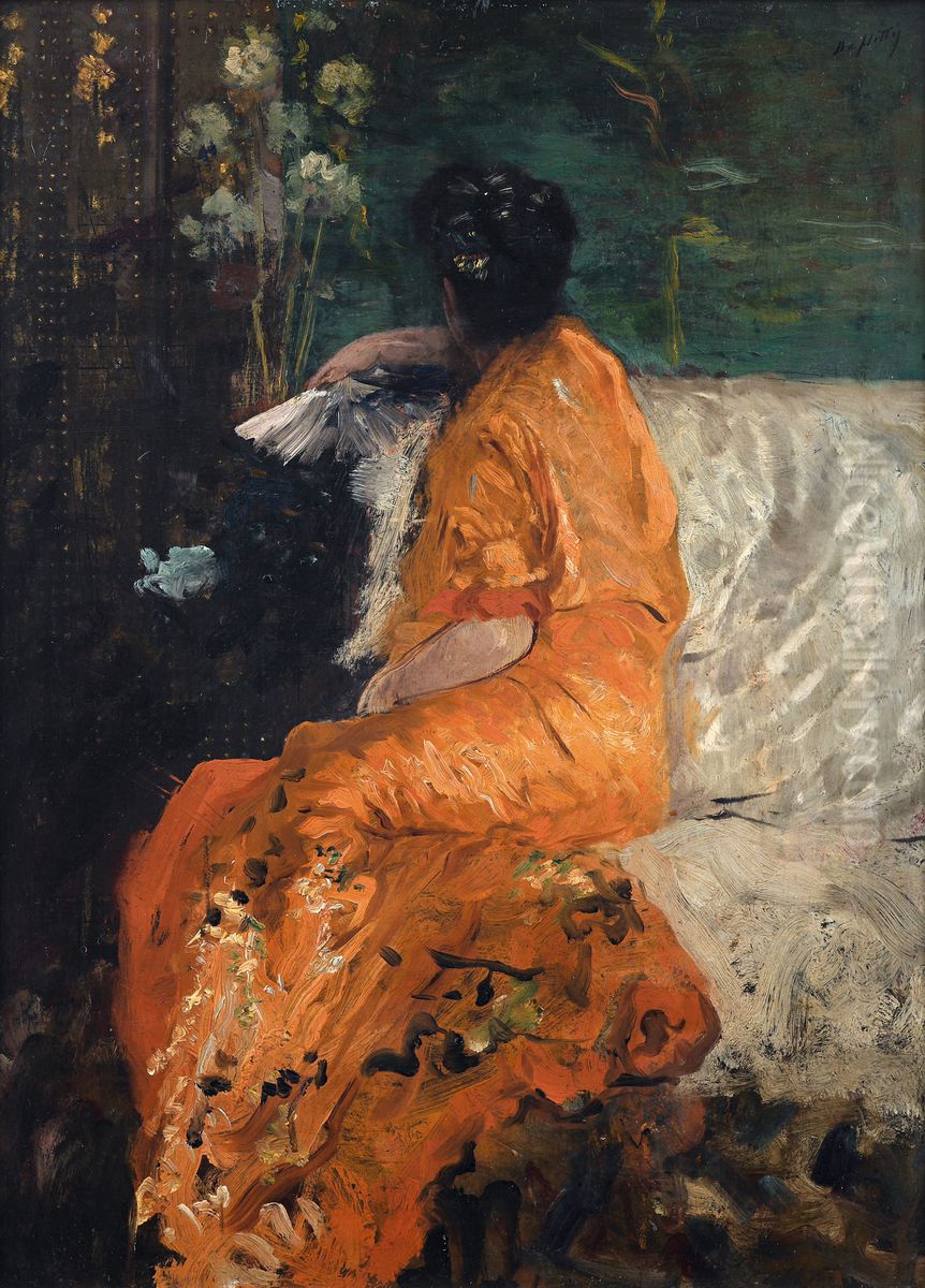 Il Kimono color arancio Oil Painting by Giuseppe de Nittis
